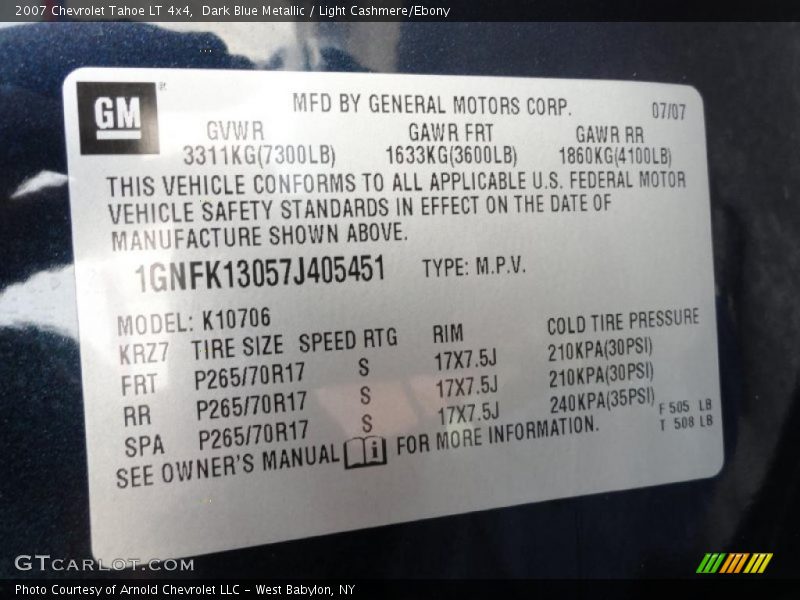 Dark Blue Metallic / Light Cashmere/Ebony 2007 Chevrolet Tahoe LT 4x4