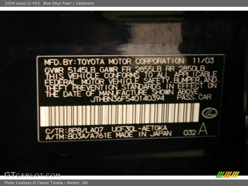 Blue Onyx Pearl / Cashmere 2004 Lexus LS 430