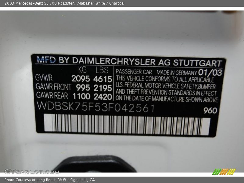 Alabaster White / Charcoal 2003 Mercedes-Benz SL 500 Roadster