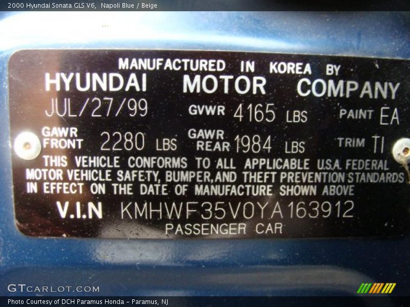 2000 Sonata GLS V6 Napoli Blue Color Code EA