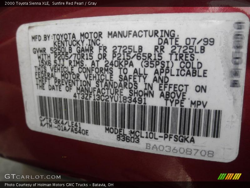 Sunfire Red Pearl / Gray 2000 Toyota Sienna XLE