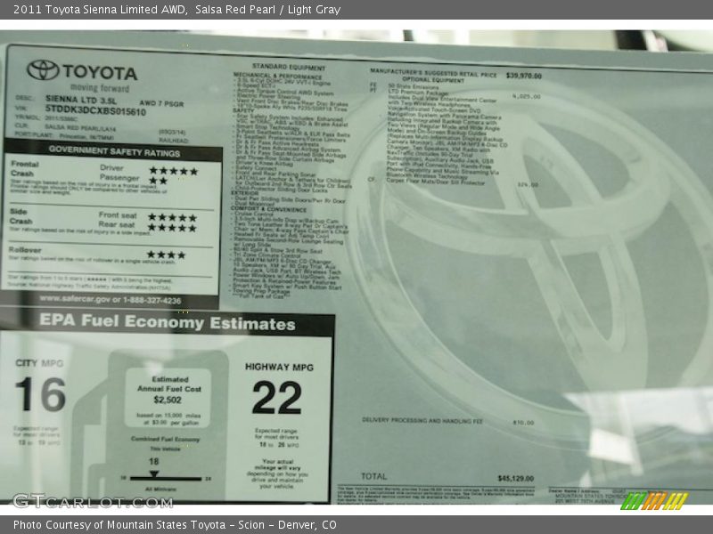  2011 Sienna Limited AWD Window Sticker
