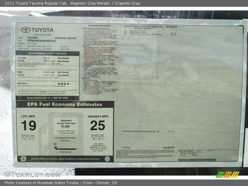  2011 Tacoma Regular Cab Window Sticker