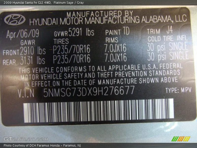 Platinum Sage / Gray 2009 Hyundai Santa Fe GLS 4WD