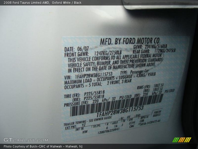 Oxford White / Black 2008 Ford Taurus Limited AWD