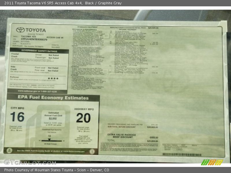  2011 Tacoma V6 SR5 Access Cab 4x4 Window Sticker