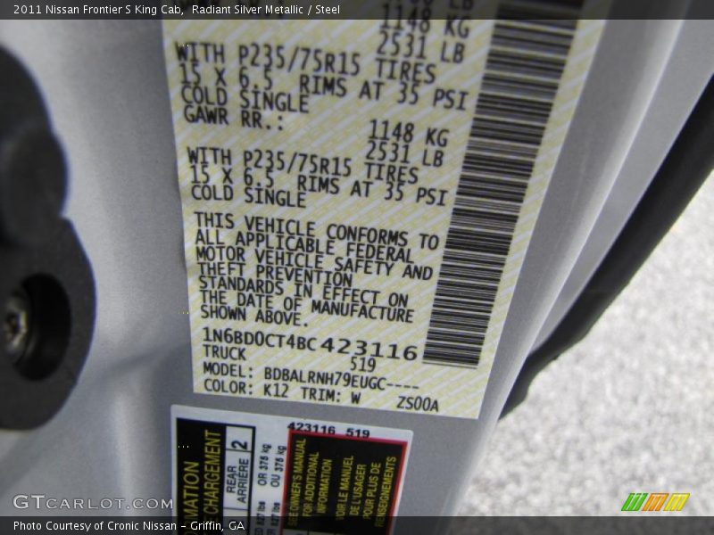 2011 Frontier S King Cab Radiant Silver Metallic Color Code K12
