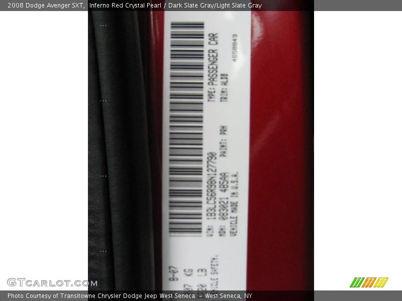 2008 Avenger SXT Inferno Red Crystal Pearl Color Code PRH