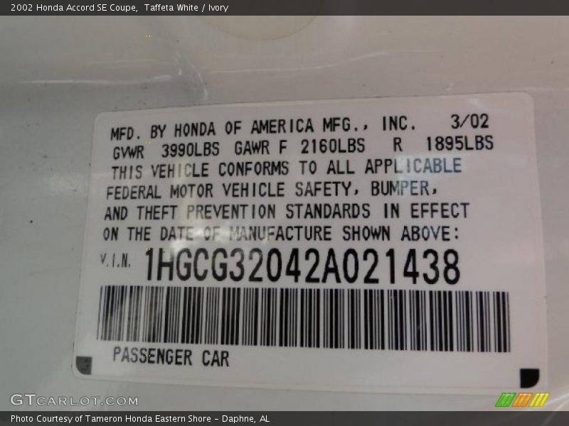 Info Tag of 2002 Accord SE Coupe