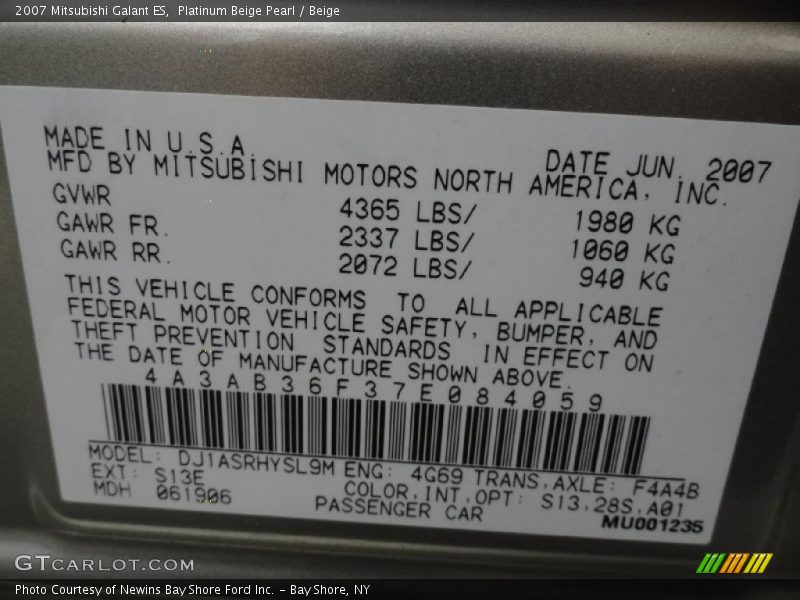 Platinum Beige Pearl / Beige 2007 Mitsubishi Galant ES