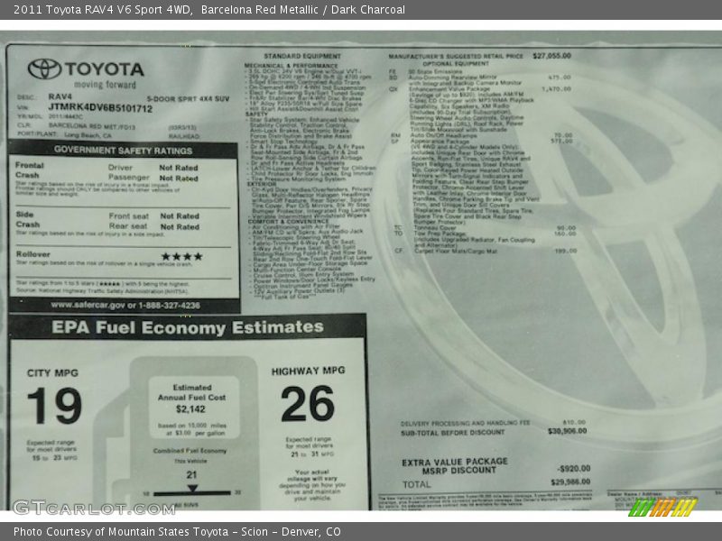  2011 RAV4 V6 Sport 4WD Window Sticker