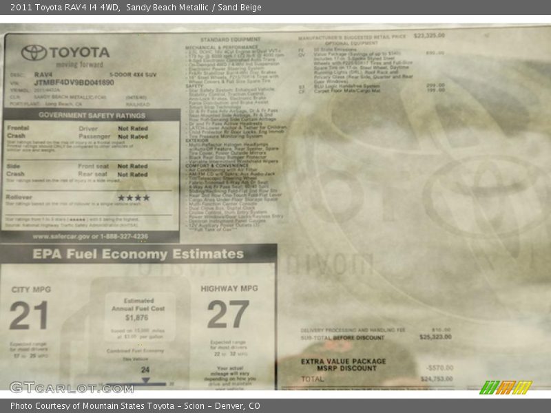  2011 RAV4 I4 4WD Window Sticker
