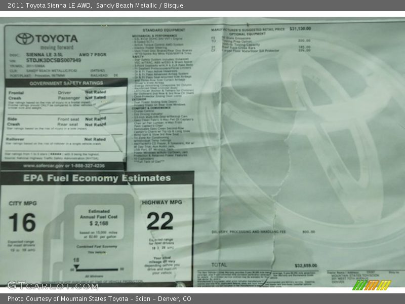 Sandy Beach Metallic / Bisque 2011 Toyota Sienna LE AWD