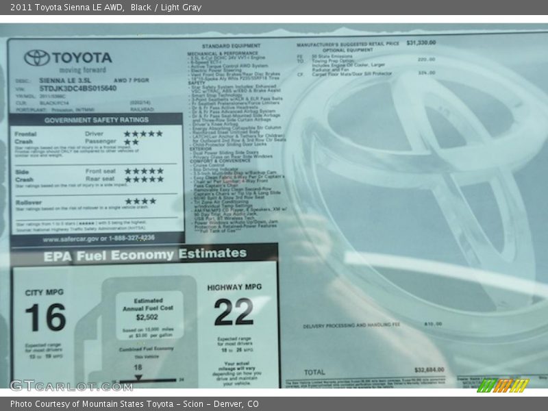  2011 Sienna LE AWD Window Sticker