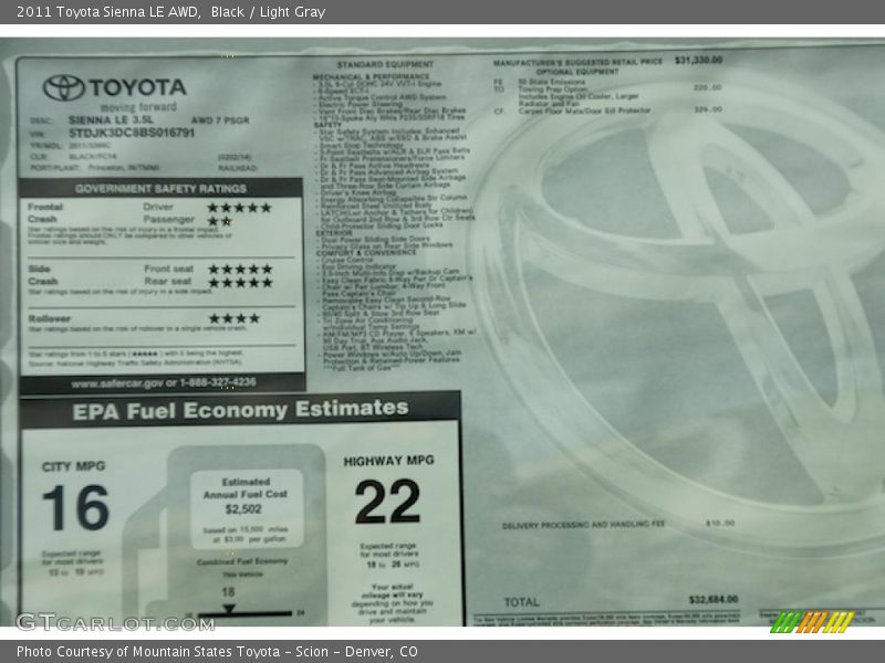  2011 Sienna LE AWD Window Sticker