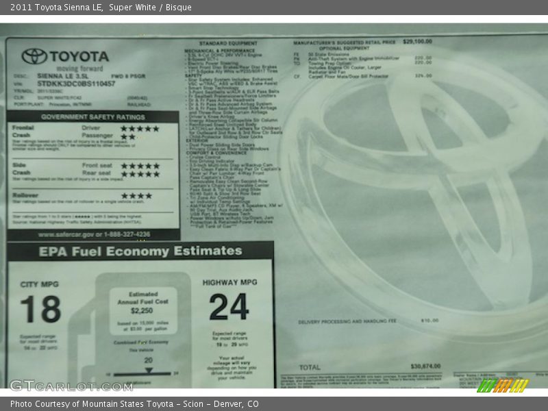 Super White / Bisque 2011 Toyota Sienna LE