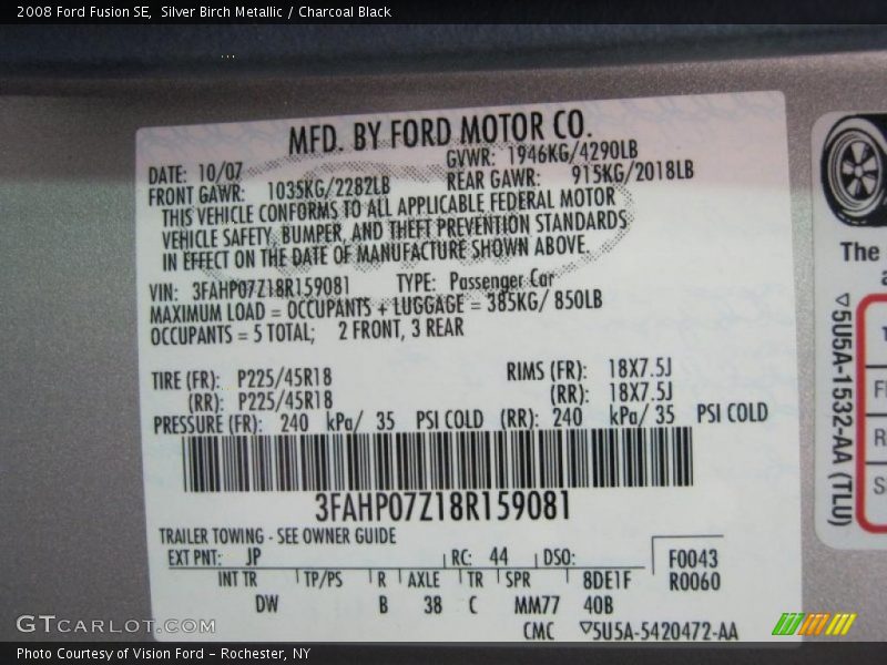 Silver Birch Metallic / Charcoal Black 2008 Ford Fusion SE