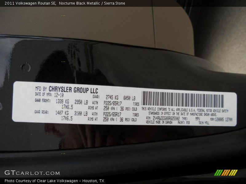 2011 Routan SE Nocturne Black Metallic Color Code PXR