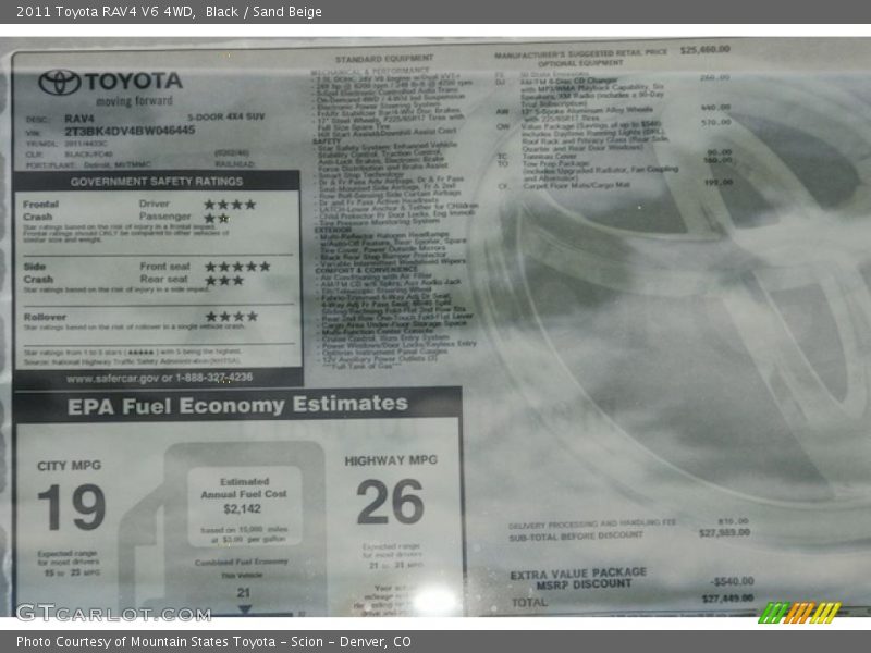  2011 RAV4 V6 4WD Window Sticker