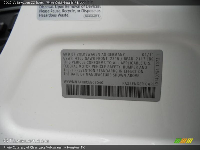 White Gold Metallic / Black 2012 Volkswagen CC Sport
