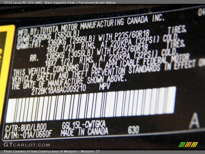 Black Sapphire Pearl / Parchment/Brown Walnut 2010 Lexus RX 350 AWD