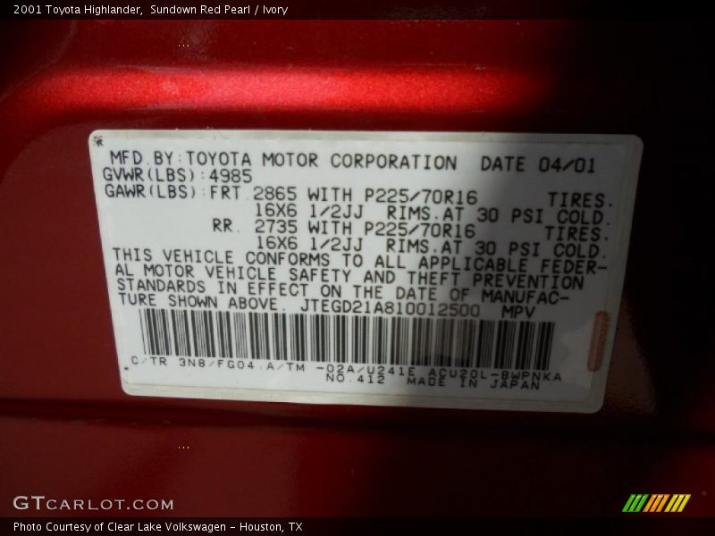2001 Highlander  Sundown Red Pearl Color Code 3N8
