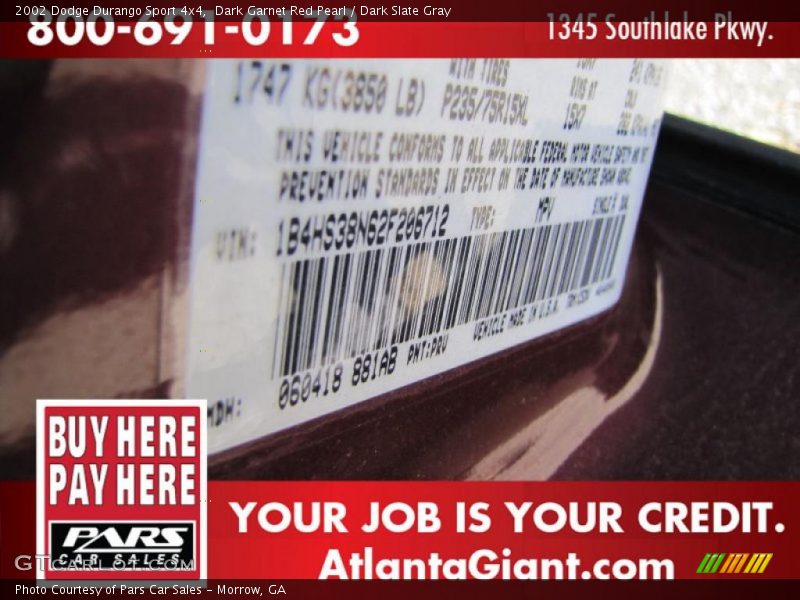 Dark Garnet Red Pearl / Dark Slate Gray 2002 Dodge Durango Sport 4x4