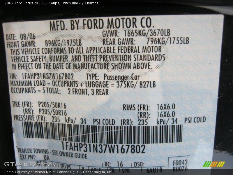 2007 Focus ZX3 SES Coupe Pitch Black Color Code UA