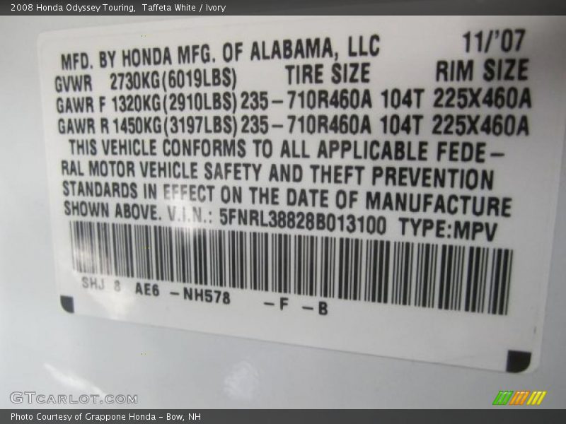 2008 Odyssey Touring Taffeta White Color Code NH578