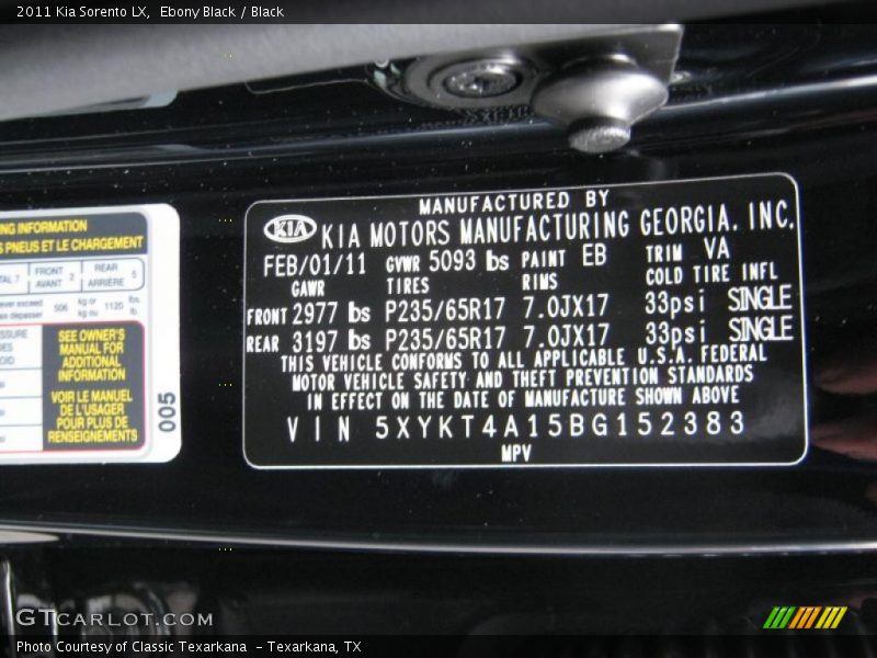 Ebony Black / Black 2011 Kia Sorento LX