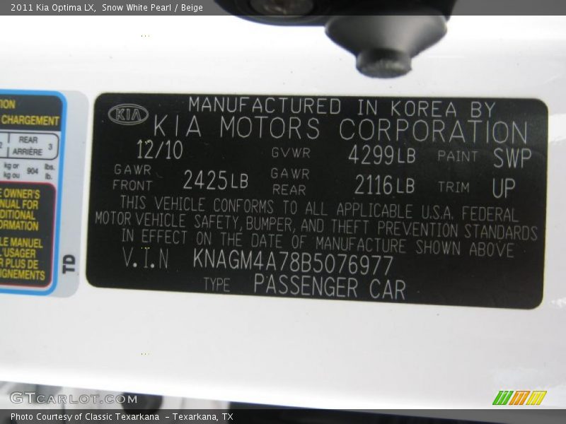 2011 Optima LX Snow White Pearl Color Code SWP