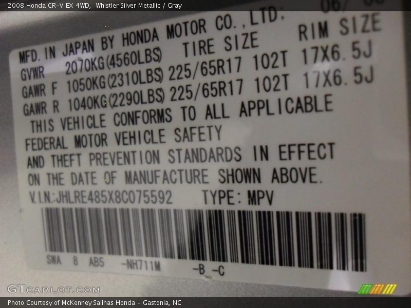 Whistler Silver Metallic / Gray 2008 Honda CR-V EX 4WD