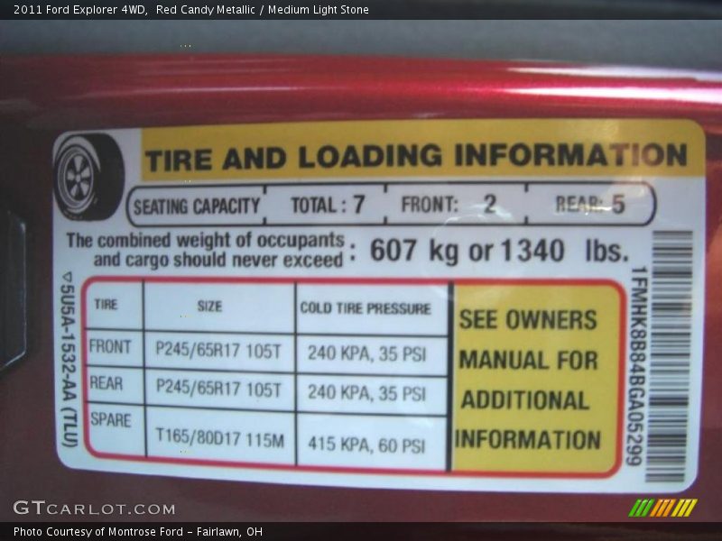 Info Tag of 2011 Explorer 4WD