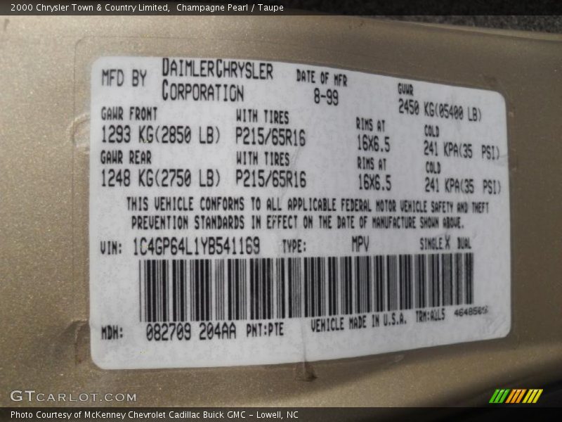 2000 Town & Country Limited Champagne Pearl Color Code PTE