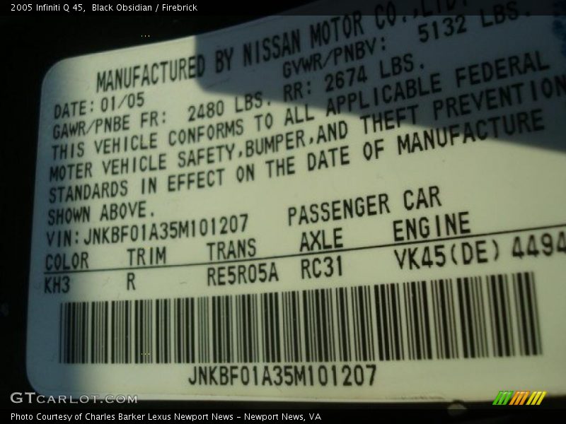 2005 Q 45 Black Obsidian Color Code KH3