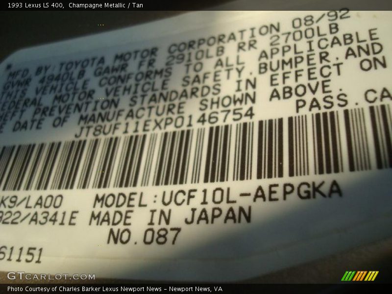Champagne Metallic / Tan 1993 Lexus LS 400