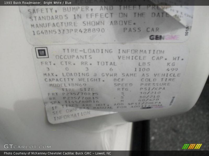 Info Tag of 1993 Roadmaster 