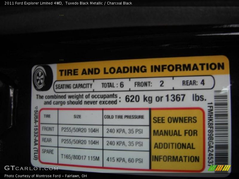Info Tag of 2011 Explorer Limited 4WD