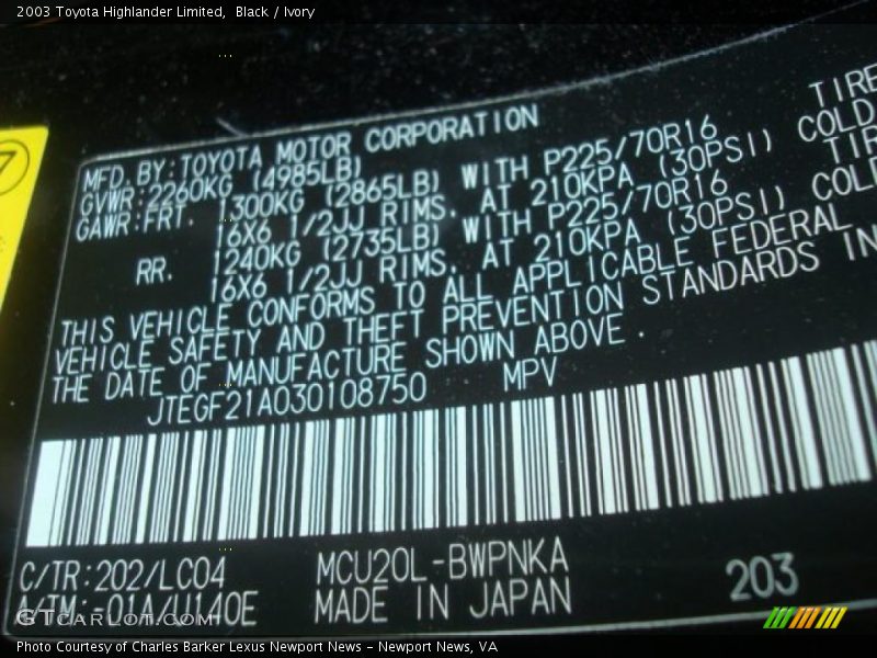 Black / Ivory 2003 Toyota Highlander Limited