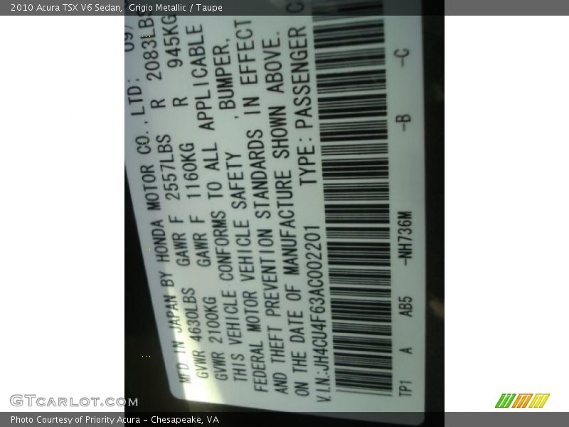 2010 TSX V6 Sedan Grigio Metallic Color Code NH736M