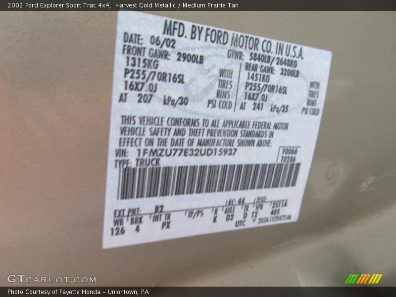 2002 Explorer Sport Trac 4x4 Harvest Gold Metallic Color Code B2