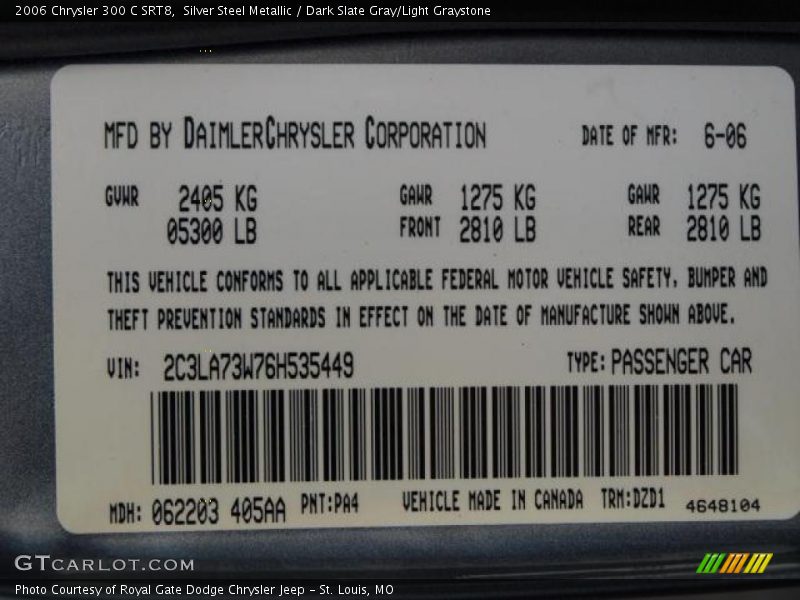 Silver Steel Metallic / Dark Slate Gray/Light Graystone 2006 Chrysler 300 C SRT8