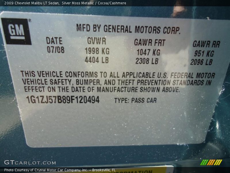 Silver Moss Metallic / Cocoa/Cashmere 2009 Chevrolet Malibu LT Sedan