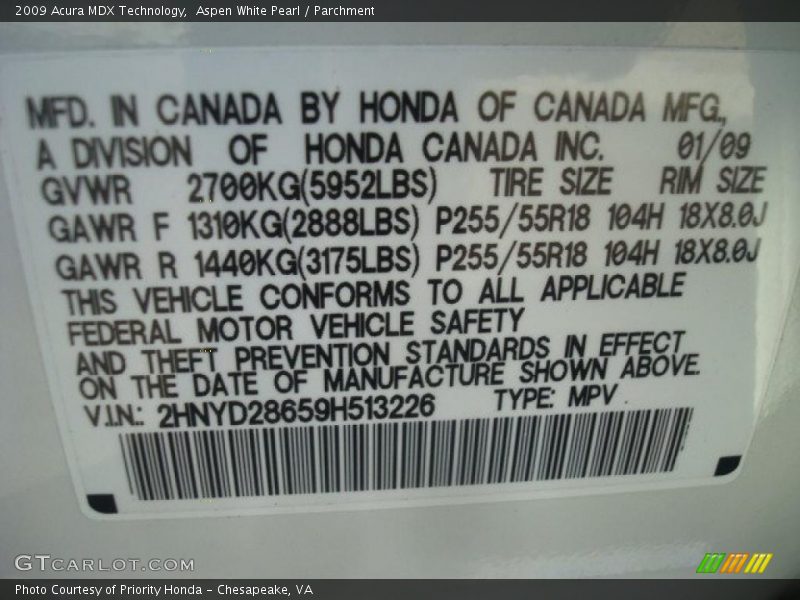 Aspen White Pearl / Parchment 2009 Acura MDX Technology