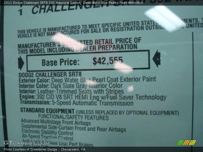  2011 Challenger SRT8 392 Inaugural Edition Window Sticker