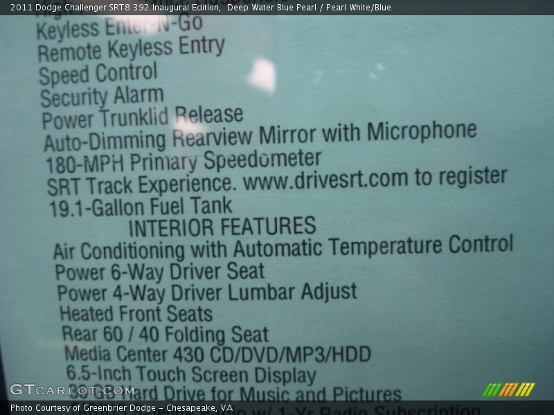  2011 Challenger SRT8 392 Inaugural Edition Window Sticker