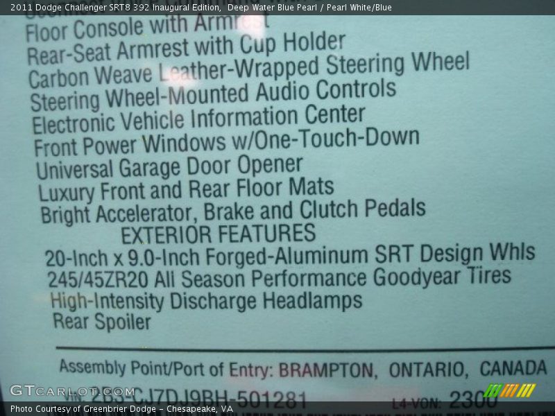  2011 Challenger SRT8 392 Inaugural Edition Window Sticker