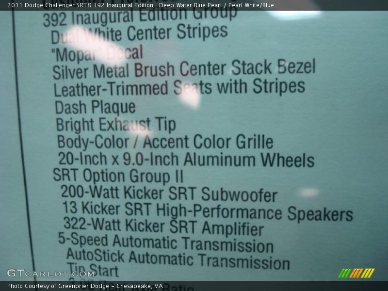  2011 Challenger SRT8 392 Inaugural Edition Window Sticker