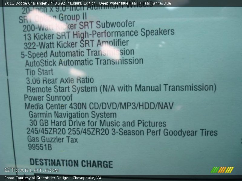  2011 Challenger SRT8 392 Inaugural Edition Window Sticker
