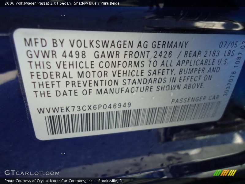 Shadow Blue / Pure Beige 2006 Volkswagen Passat 2.0T Sedan